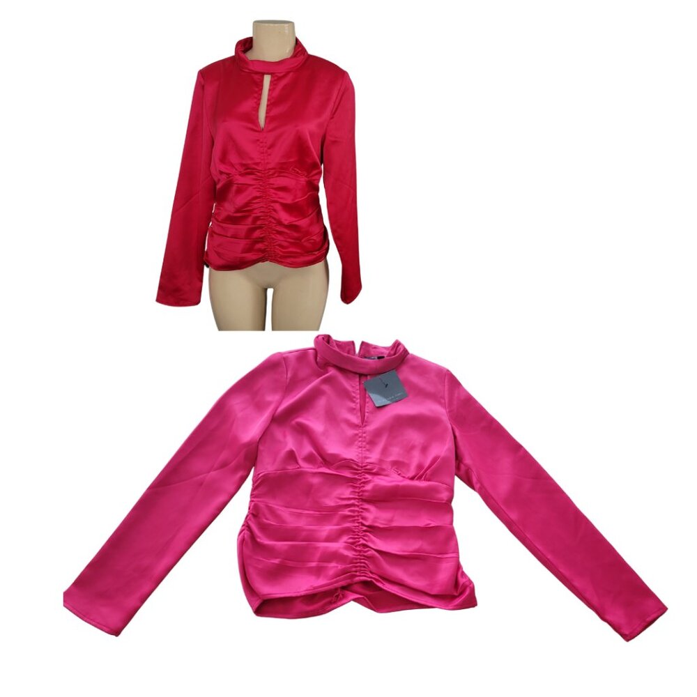 Marc NY Andrew Marc Blouse Jazzy Pink Shirred Long Sleeve Top